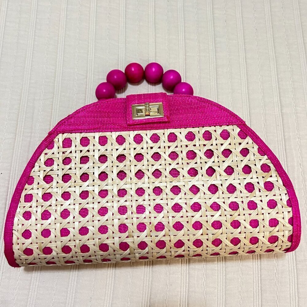 NEW Soli and Sun Isabella Pink Rattan Woven Handbag - Picture 3 of 6